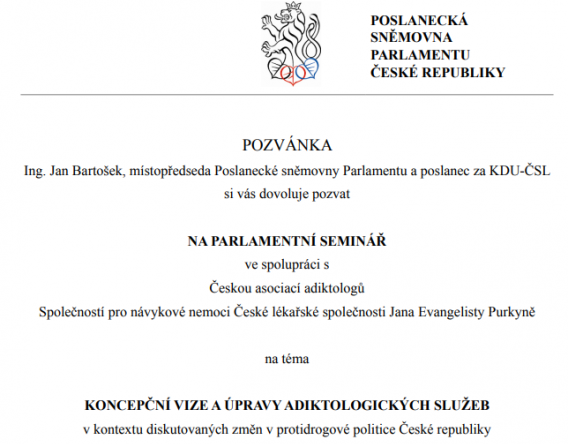 Pozvánka na parlamentní seminář - "KONCEPČNÍ VIZE A ÚPRAVY ADIKTOLOGICKÝCH SLUŽEB"