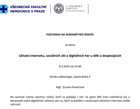 SEMINÁŘ PRO RODIČE na téma Užívání internetu, sociálních sítí a digitálních her u dětí a dospívajících